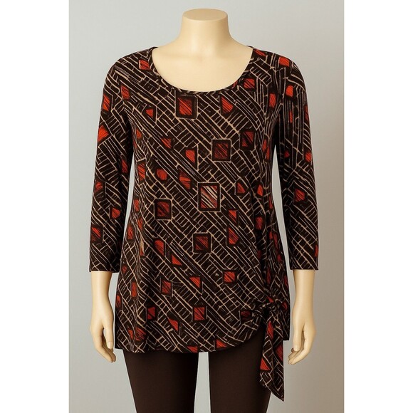 Chico’s 2 Brown Orange Geometric Tie Hem Top 3/4 Sleeve Stretch Boho Art Print - Picture 1 of 9